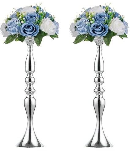 2 Pcs Versatile Metal Flower Arrangement, Candle Holder Stand Set Candlelabra for Wedding Party Dinner Centerpiece Event Road Lead Restaurant Hotel Decoration (Silver, 19.7 H)