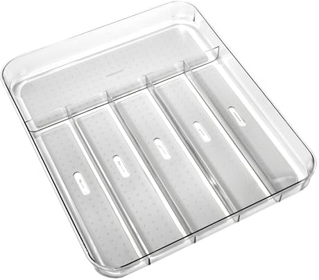 madesmart Silverware Tray - Large | Light Grey | Clear Soft Grip Collection | 6-compartment | Soft-grip Lining | Non-slip Feet | BPA-free,15.69 x 13 x 1.88 in (39.85 x 33.02 x 4.76 cm) | non slip feet, rounded corners, see through design, branded icons, soft grip lining, forks knives spoons, woman owned