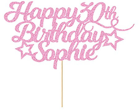 Personalised Happy Birthday Cake Topper Customized with Any Age Name Party Cake Decoration 16 18 21 40 60 Double Sided Glitter Card Baby Pink