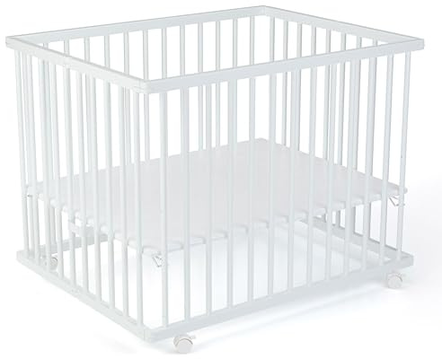 Laufgitter Baby Leon, 95x95 cm, 3-fach höhenverstellbar, schadstoffrei in Holz, Weiß I Mobiler Laufstall faltbar mit gepolstertem Boden I Lawalu Absperrgitter Baby, Stubenwagen mit Rollen