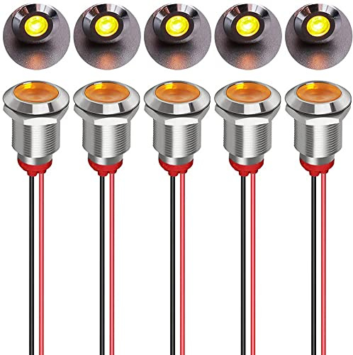 Gebildet 5pcs 12mm LED Metal Indicator Light AC/DC 12-24V Waterproof Signal Lamp Pilot Dash Directional with Wire(Yellow)