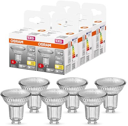 OSRAM LED PAR16 reflector con base GU10, blanco cálido (2700K), spot de cristal, 4.3W, reemplaza a la lámpara reflector de 50W, LED STAR PAR16 , pack de 6