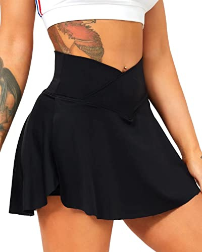 Navneet Women Tennis Skirt with Shorts Pockets Golf Skorts Sport Skirts High Waisted Skater School Mini Skirt Workout Running Scort Black S