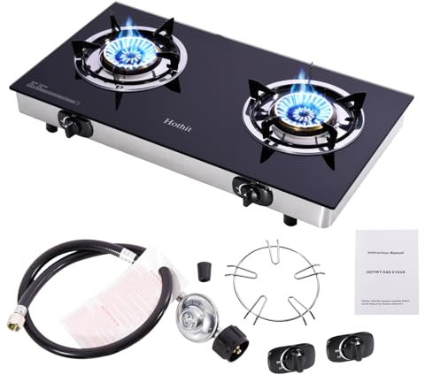Hothit Portable 2 Burner Propane Stove Gas Cooktop, 28600 BTU Tempered Glass Auto Ignition for Outdoor Kitchen, Camping, RV, Small Apartment Double Burner / Tempered Glass-Black