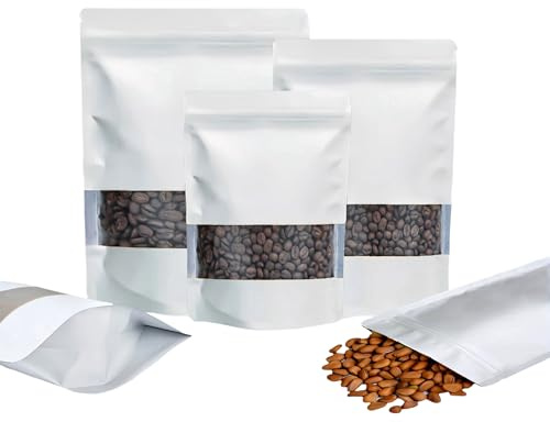Rimiko 100 Pcs Sachets Alimentaires Debout avec Fenêtre Transparente, Sachet Zip Refermable Aluminium Stand up, Sac Pochette Mylar pour Conservation des Aliments (Blanc,10x15cm)
