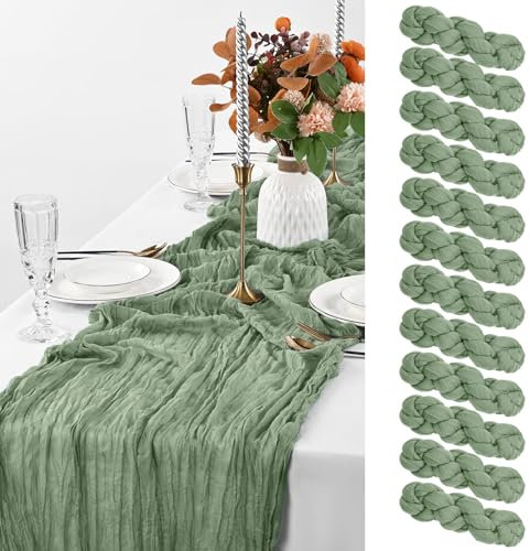 12Pack Käsetuch Tischläufer Salbeigrün, rustikale Gaze Tischläufer, 90×300CM Käsetuch Gaze-Tischläufer Käsetuch, Boho-Tischläufer für Hochzeit, Geburtstag, Party-Dekoration (Salbeigrün)