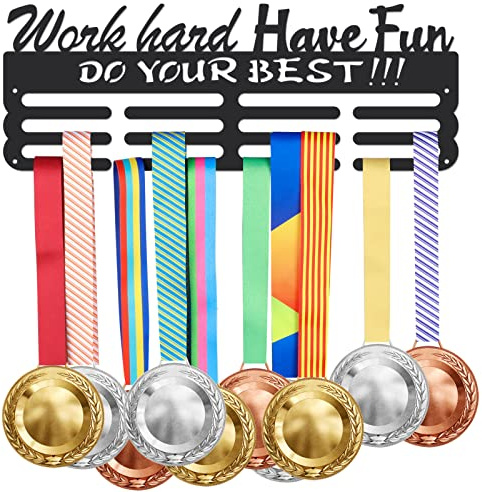 SUPERDANT Motivationstext Medaillenhalter Work Hard Have Fun Do Your Best Medaillen Aufbewahrung Wandmontage Medaillen Halter Trophäenhalter Medaillenhalter Geschenke für Sportler Kinder