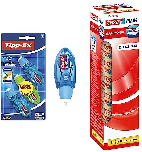 Tipp-Ex Micro Tape Twist Einweg-Korrekturroller, 3 Stück Farbe zufällig & tesafilm transparent - Transparentes Klebeband mit starker Haftung - alterungsbeständig und reißfest - 10 m x 19 mm - 8er Pack