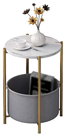 Nachttische, 2-stufiger Aufbewahrungstisch, Marmor-Finish mit Aufbewahrungstasche aus Stoff, runder Couchtisch aus Metall, Wohnzimmer, Hotel, Büro, Sofatisch, Korbtisch (Farbe: Weiß, Größe: