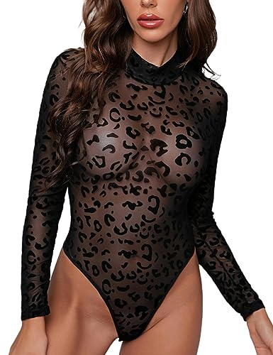MAYFASEY Damen Bodys Sexy Langarm Mesh Durchsichtiger Jumpsuit Body Top
