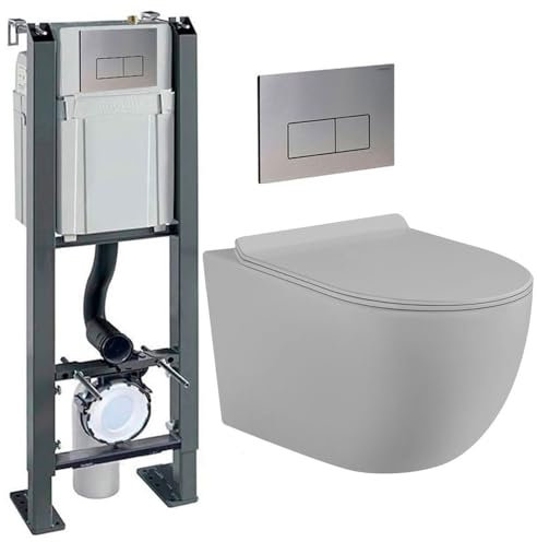 Pack complet WC + Cuvette Suspendu Sans Bride + Plaque - Pack complet initio WC bâti sur mur porteur (Bâti chrono autoportant, Plaque inox)
