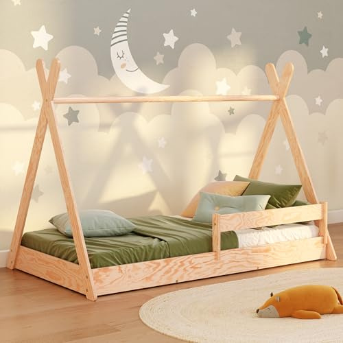 smartwood Cama Casita 90x190 cm con Somier, de Madera, Tipi F | Cama Montessori baja, barrera de seguridad, acceso 14 cm, carga 230 kg, madera FSC, bordes redondeados, montaje fácil