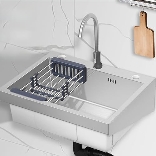 Edelstahl Spülbecken Handwaschbecken Wandmontage Ausgussbecken mit heißem und kaltem Wasserhahn Kommerziell Einzelbecken Waschbecken, für Waschküche Badezimmer Küche