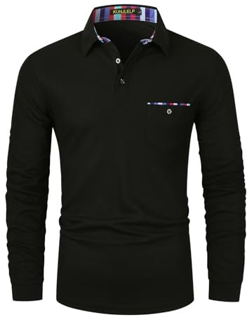 KUNJLELP Herren Poloshirt Langarm Basic Lässigem Herren Polohemd Bunt Gestreiftes Poloshirts mit Kragen Golf T Shirt,A-Schwarz,XL
