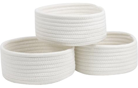 Small Basket, Set of 3 Woven Baskets, Cotton Rope Small Baskets for Organizing, Cute Mini Tiny Storage Basket for Gifts, Decorative Boho Round Bathroom Organization Bin (White)