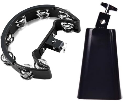 MOONBACK Tambourine and 7 Inch Cowbell Kit, Drum Set Tambourine with Mounting Eye Bolt, Black