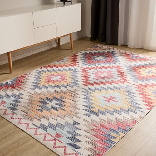 benuta Basic Waschbarer Teppich George - Multicolor/Beige 200x300 cm - Kunstfaser - Rechteckig & im Style: Kelim, Ethno-Style, Shabby Chic - Pflegeleicht für Wohnzimmer Schlafzimmer