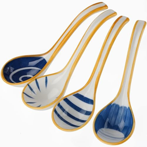 4 cucharas de sopa, cucharas de cerámica para ramen, cucharas de sopa chinas, cucharas de sopa japonesas, cucharas de sopa asiáticas creativas de porcelana para ramen, cereales, wonton, albóndigas y