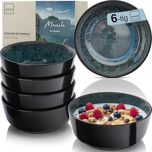 SÄNGER Manila Steingut Müslischalen Bowl Schüssel 6 teilig, Schüssel | Set 6 Personen, Schale spülmaschinen- mikrowellen- kratzfest, Schüsseln blau mit schwarzem Rand 550 ml