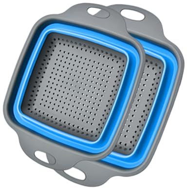 2 Piezas Colador de Cocina, Colador Plegable Cuadrado de Silicona con Asas, Juego de coladores plegable para Escurrir Pasta, Verduras, Frutas(1 Grande y 1 Pequeño)