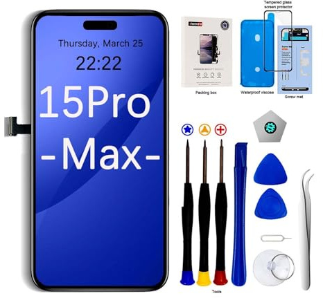EFaith - Pantalla para iPhone 15 Pro Max LCD, pantalla de repuesto Full HD táctil, ensamblaje de digitalizador completo con kit de reparación + protector de pantalla + adhesivo hermético para A2849