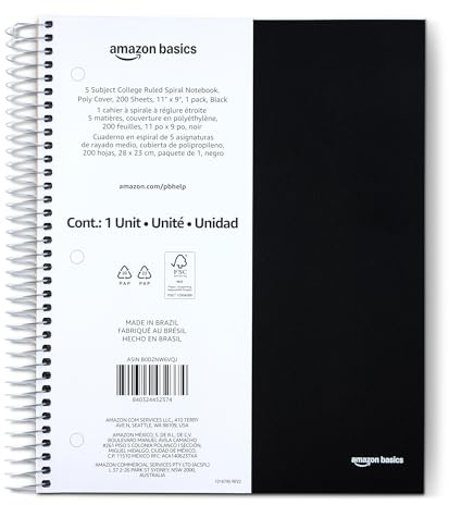 Amazon Basics College Ruled 5-Subject Spiral Notebook, 200 Sheets, 9 x 11, Black