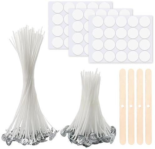 50 Pezzi Stoppini per Candele, Stoppini in Cotone per Candele da 10cm/20cm, Stoppino per Candele Naturali con Porta Stoppino in Legno e Adesivi per Stoppini Bifacciali, per Fare Candele