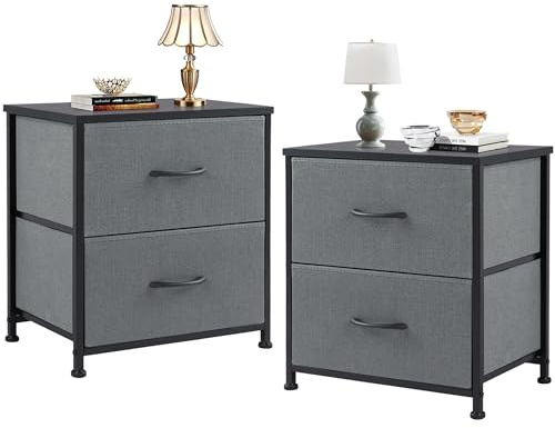 DUMOS Nachttisch 2er Set Beistelltisch Stoff Schubladenschrank Schmal Schrank Kommode Schlafzimmer Industrial Stil für Wohnzimme Kinderzimmer Flur Aufbewahrungsschrank