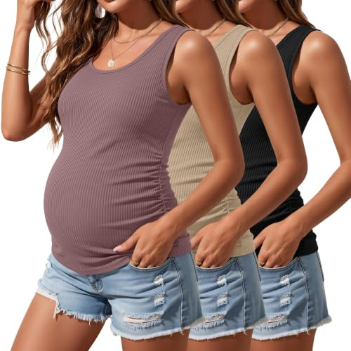 Riyiper 3 Pack Women's Maternity Tank Tops, 3-Color, Medium | Pregnant Woman Sleeveless Shirts, Cotton Pregnancy T-Shirts, Ribbed Knit, Sides Ruched, Basic, Mama Clothes, Summer