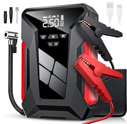 Booster Batterie Voiture 1200A, 10000mah Compresseur d'air Multifonctionnel 4 en 1,Démarreur de Batterie de Voiture Portable,12V Pinces Intelligentes avec Écran, Lumière LED (A)