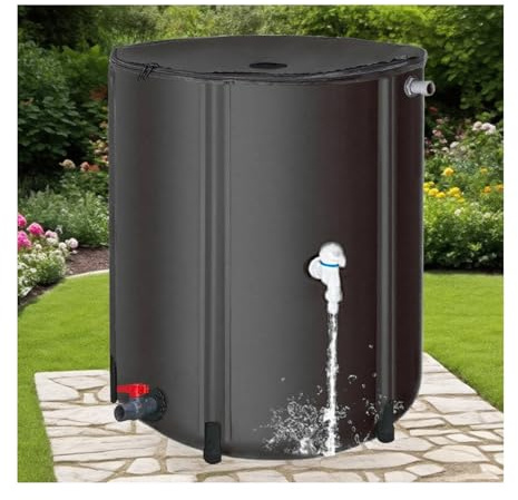 HOFUNTRE Barile for Pioggia Pieghevole，Serbatoio Cisterna Recupero Acqua Piovana，Tessuto Ispessito, Filtrazione A Rete, Struttura Stabile E Durevole, Adatta A Molteplici Scenari(Black,50L)