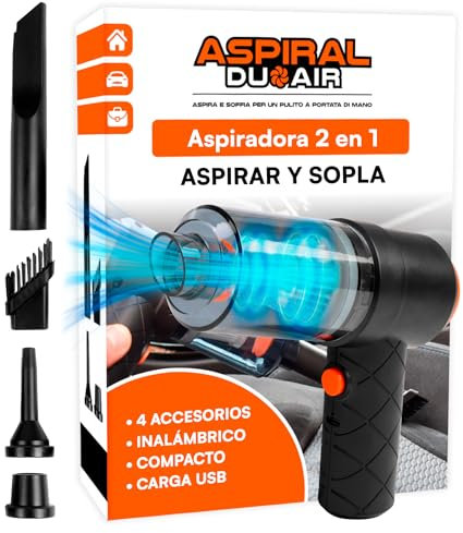 Aspirapolvere Aspirabriciole Senza Fili Auto Casa e Ufficio - Mini Aspiratore e Soffiatore Portatile 2in1 Aspiral DuoAir Ricarica Rapida USB e 4 Accessori Inclusi - Dimensioni 14x15,5x5,5cm