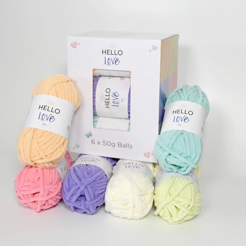 Hello Love - Hilo para cobija, caja de regalo, 6 ovillos de 50 g cada uno, colores pastel, hilo para ganchillo o tejer, 195 m