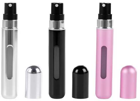 JRILUO Porta Profumo da Viaggio 10ml Ricaricabile, Vaporizzatore, Dispenser Profumo da Viaggio, Boccetta Profumo Ricaricabile, Porta Profumo da Borsetta, Nero, Argento e Rosa