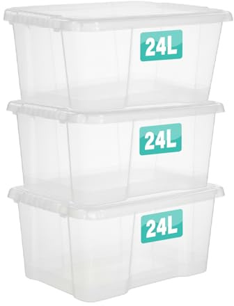 3 x 24 Litre Clear Plastic Storage Boxes With Lids Set of 3, Transparent Multipurpose Nestable Stackable Plastic Box With Lid Containers For Home, Kitchen, Garage, Office, Accessories