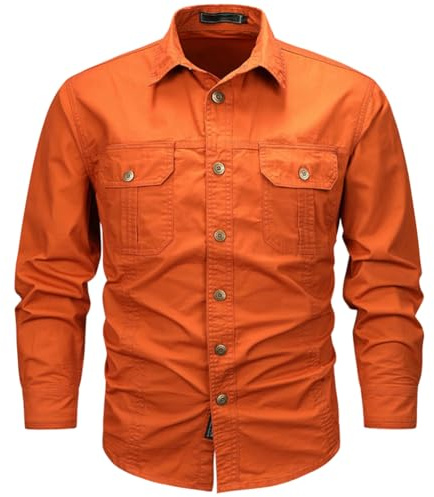 Hombre Camisas de Trabajo de Algodón, Ropa de Militar de Manga Larga con Botones,Cargo Shirts, 2 Bolsillos, Regular Fit para Pesca, Tala, Senderismo, Caza，Naranja，XS