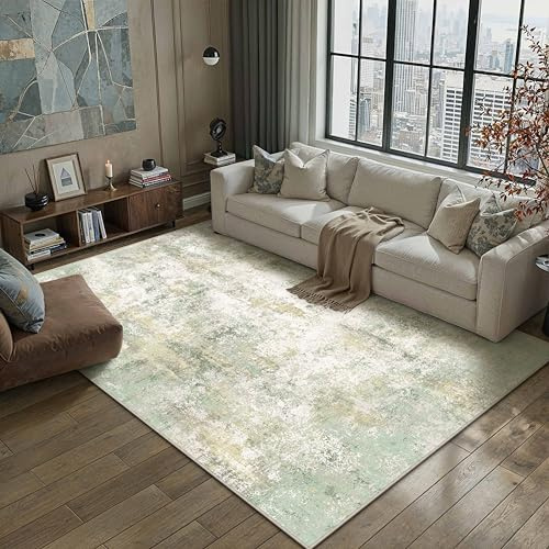 PureCozy Teppich Wohnzimmer 160x230cm Grün Abstrakt Waschbarer Teppiche | Weicher Kurzflor, Rutschfest, Leicht, Schlafzimmer, Esszimmer, Büro, Wohnbereich, Kinderzimmer