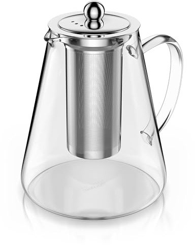 Arendo - Teekanne Glas mit Sieb - 1200 ml – aus Borosilikatglas – mit Edelstahlsieb – feinmaschig – hitzebeständig – Glasteekanne – für losen Tee Kräutertee Früchtetee – Teekocher – langlebig – feinma