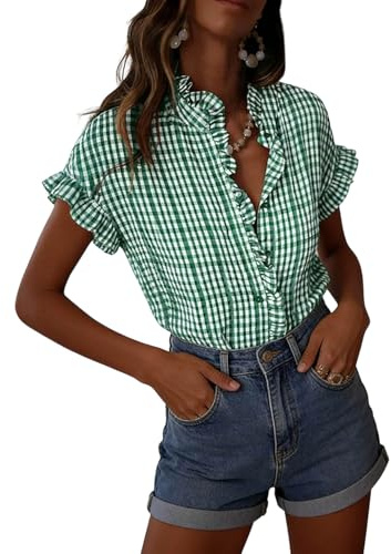 Checked Shirts Womens Gingham Check Short Sleeve Blouses Button Down Shirt Ruffle Trim Stand Collar Blouse Casual Loose Fit Summer Top for Ladies Daily Wear S-XXL