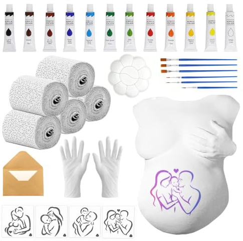 Nzkeuf Kit Moulage Ventre Femme Enceinte, Belly Casting Kit | 5 Bande de Plâtre Pour Moulage, 12 Peintures et et Accessoires, pour Modélisme Bricolage, Cadeaux et Souvenirs de Grossesse