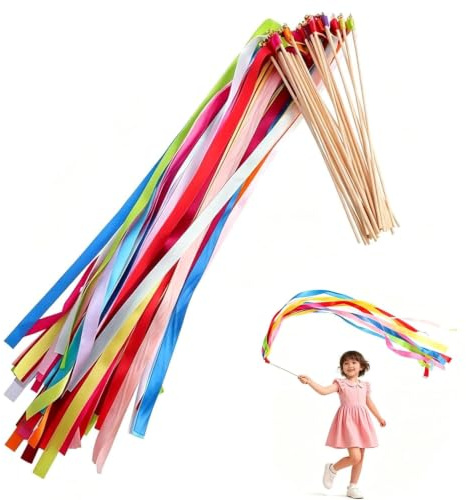 25-Piece Mix Color Ribbon Dancer Sticks, Assorted Colour Party Streamers on Sticks for Wedding Send-Offs, Dance Ribbons for Children and Birthday Celebrations