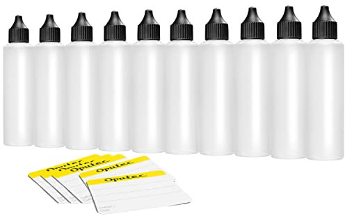Oputec 10 x 250 ml Kunststoff-Flaschen mit Tröpfler - Lebensmittelecht - Weiche PE Kunststoffflaschen, Dropper Bottles, Plastik-Flaschen, Tropfflaschen + 10 Beschriftungs-Etiketten
