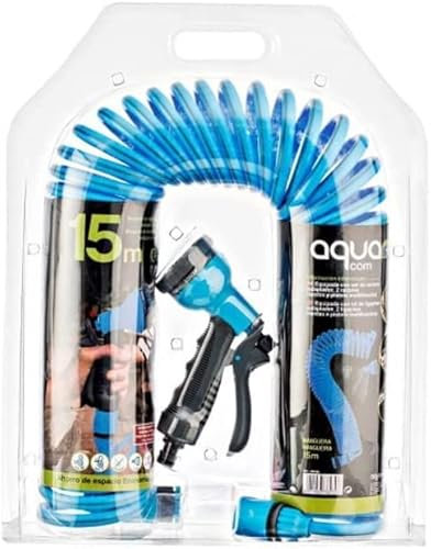 Suinga. Manguera Jardin en espiral 15 metros. Manguera extensible de jardin reforzada de color azul 9mm