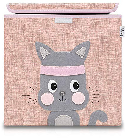 LIFENEY 833086 Boîte de rangement chat avec couvercle, Coffre à jouet, Polyester, Effet lin, Coloré, 33 x 33 x 33 cm