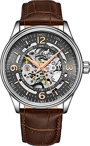 Stuhrling Original Herren-Automatikuhr mit Skelett-Design, Echtlederarmband und mechanischem Uhrwerk mit Selbstaufzug