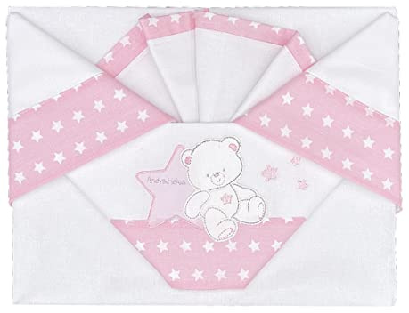 ANDY & HELEN Bettwäsche-Set für Kinderwagen, Bestickt, Spannbettlaken mit Gummibändern und Kissenbezug, Rosa