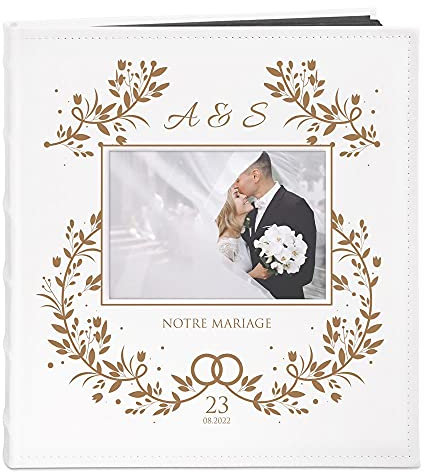 Maverton Album Photo Scrapbooking 33x30 cm en cuir blanc avec poche ouvrable, Cadeau mariage pour chaque couple Cadeau Personnalisé - Album photos vide sous forme de livre avec gravure - initiales