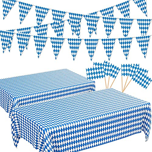 Oktoberfest Tischdecke 44 STK. Bayerische Deko Bayrische Flagge Zahnstocher Flaggen Wimpelkette Kuchendeko Tischdecke für Außenbereich Bayernraute Blau Weiß (128 x 275cm)