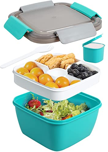 Greentainer Salatschüssel mit Dressingbehälter,Auslaufsicher Salatbehälter mit 3 Fächer und 1 Gabel,Auslaufsiche Bento Box für Mittagessen,Spülmaschinen- und mikrowellenfest | 1500 ml