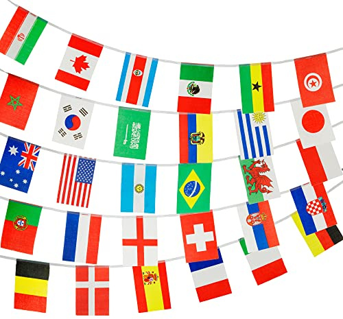 PHENO FLAGS Flaggenkette - 10 Meter Wimpelkette mit 30 Länderflaggen Flaggengröße je 14x21cm - Flaggenabstand 15cm - 75D Polyester Stoff-Girlande